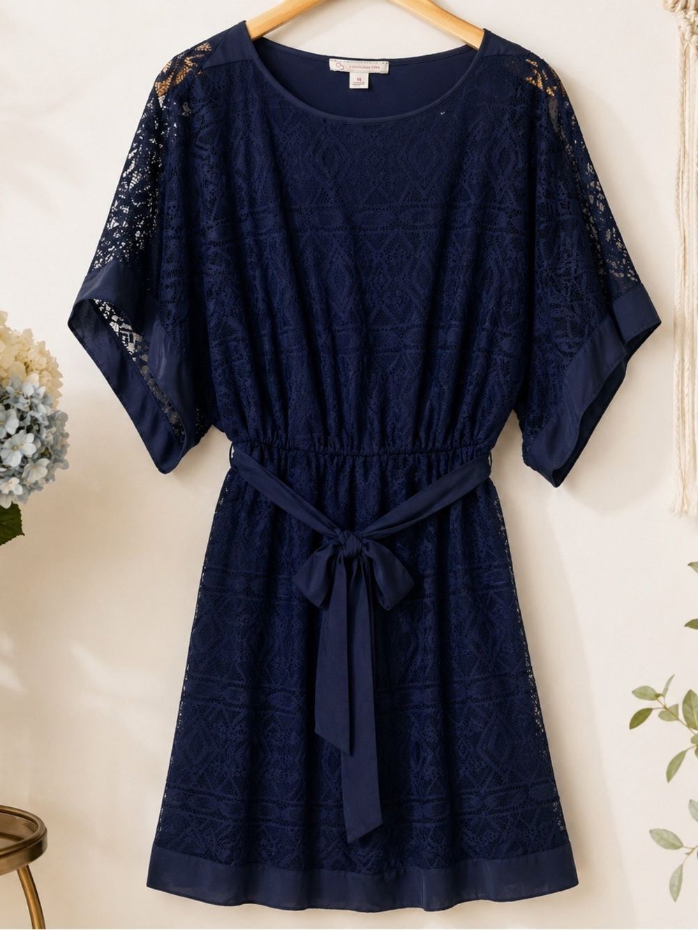 DB Established 1962 Lace Dress Womens 14 Blue Belted Kimono Sleeve Cocktail